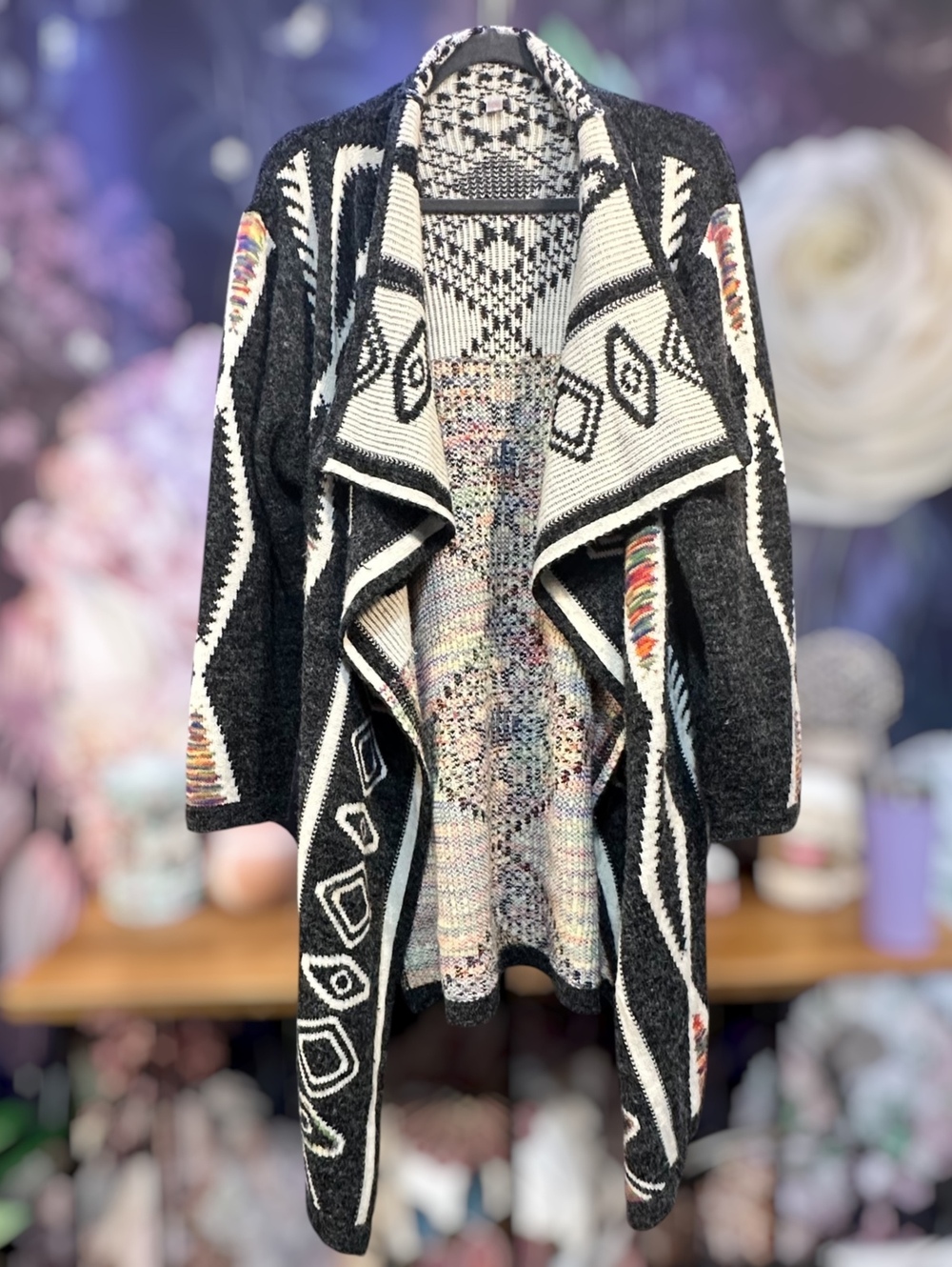 Southwestern L/XL Linen Wool Blanket Cardigan Heavyweight Boho Western Geometric